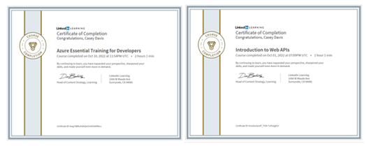 Certificates for various recent trainings